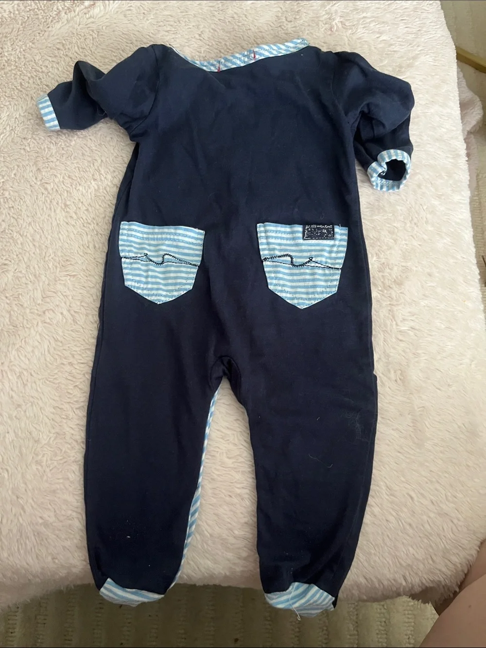7 For All Mankind Navy Footed One-Piece with Light Blue Stripe Accents